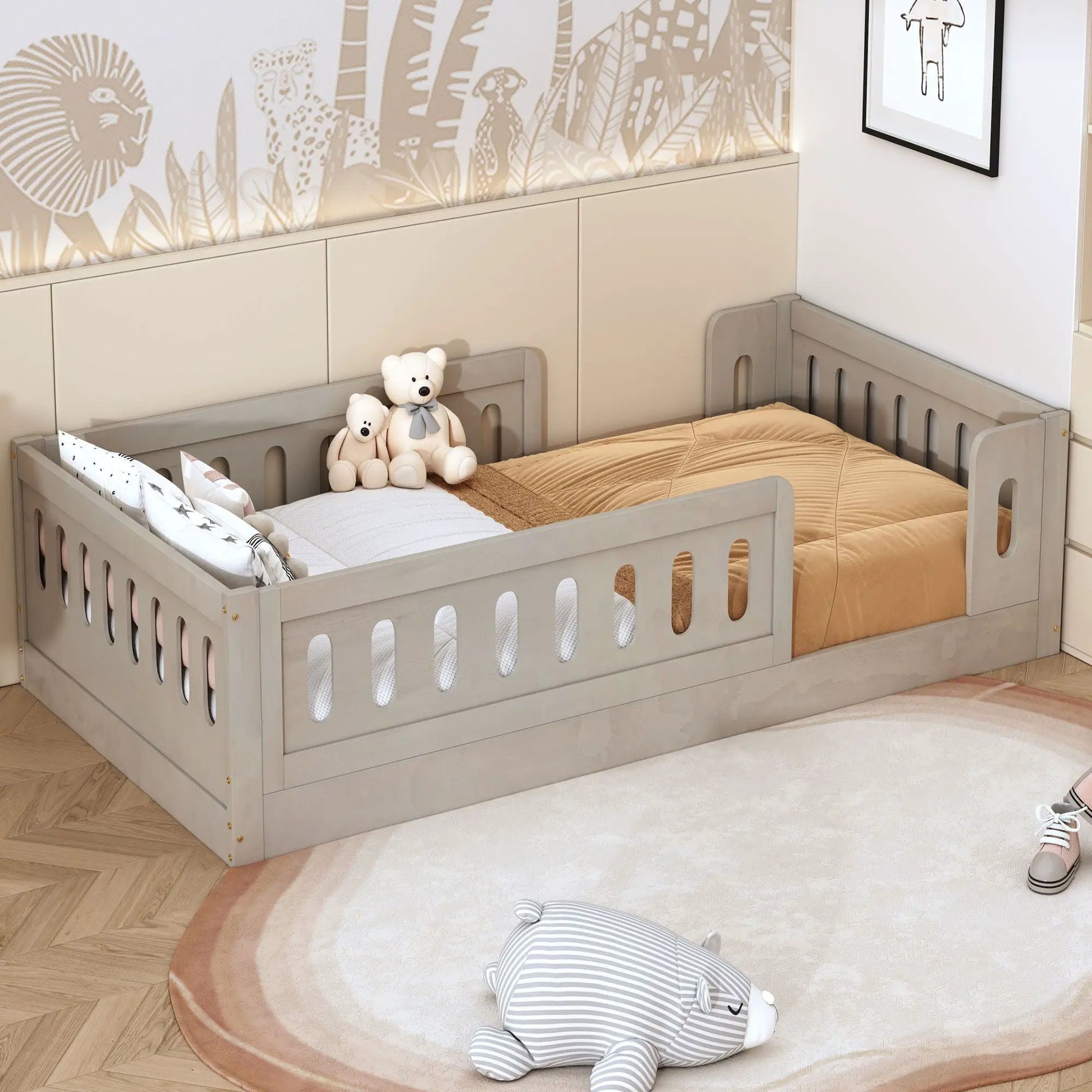 Platform beds with guardrails in gray finish; nursery scene with teddy bears on one bed on Tampa Home & Garden Store