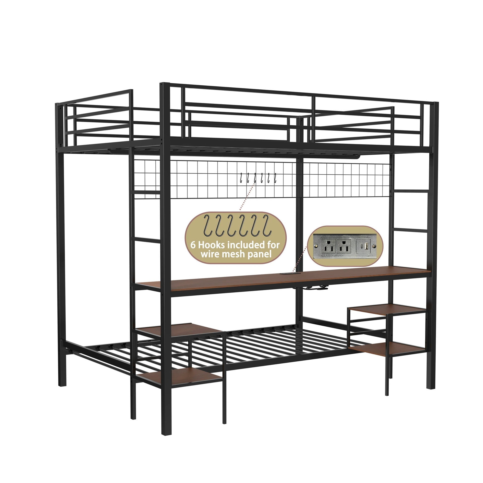 Ethan bunk bed with desk, charging station and storage shelves, black metal frame on Tampa Home & Garden Store