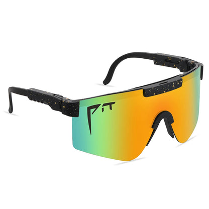 Pit Viper Sunglasses UV400 rainbow mirrored lens, speckled black frame, Pit Viper logo on lens on Tampa Home & Garden Store