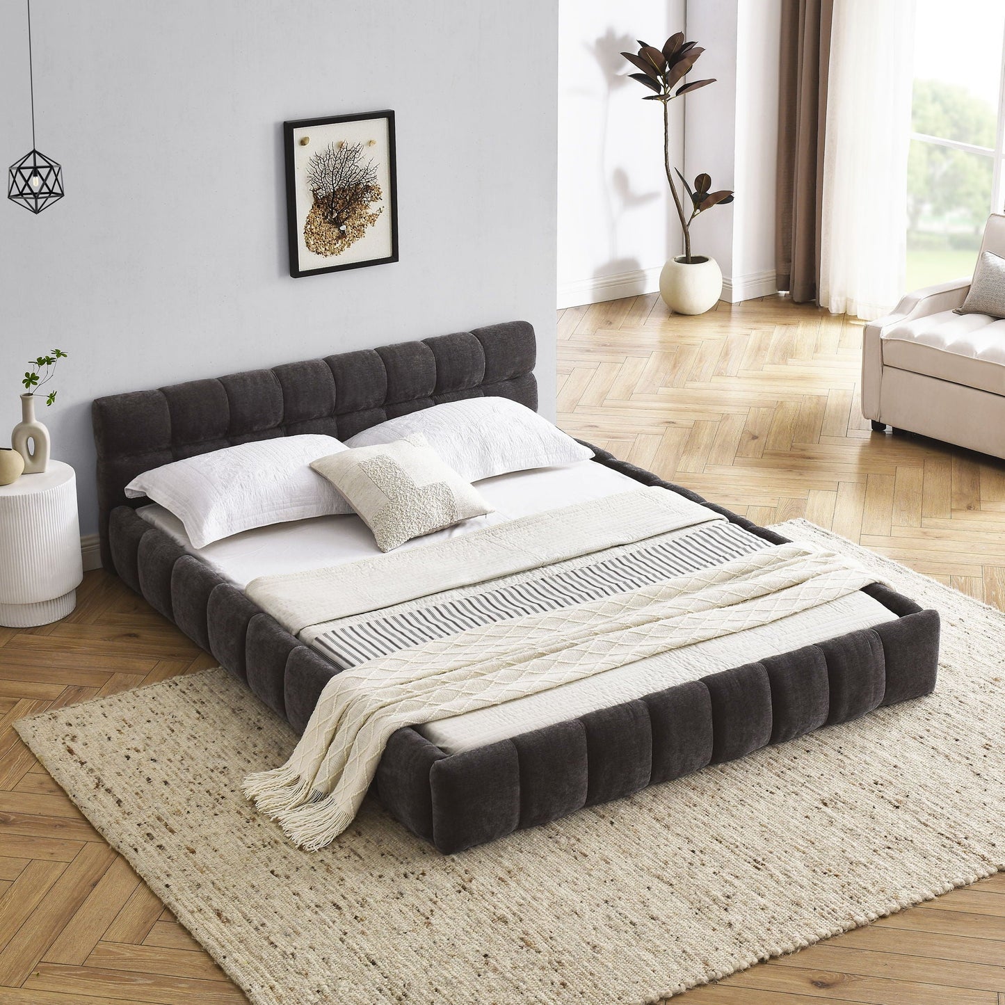 Modern Platform Bed and Thick Fabric Headboard