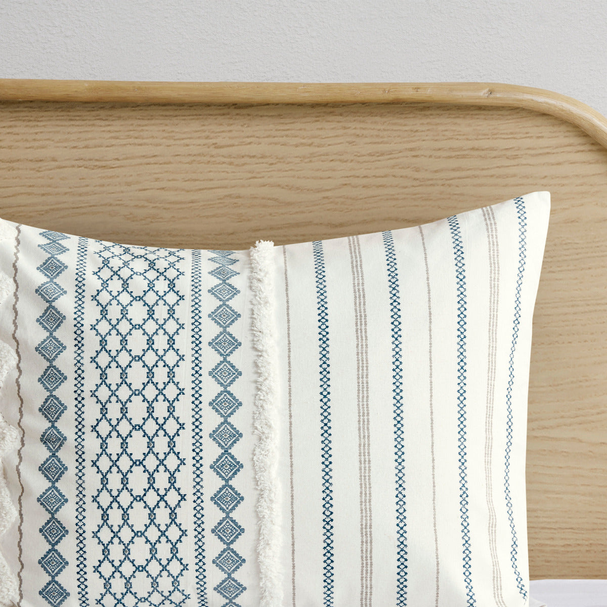 Cotton printed duvet cover set with chenille fringe in blue geometric stripe pattern Full/Queen on Tampa Home & Garden Store