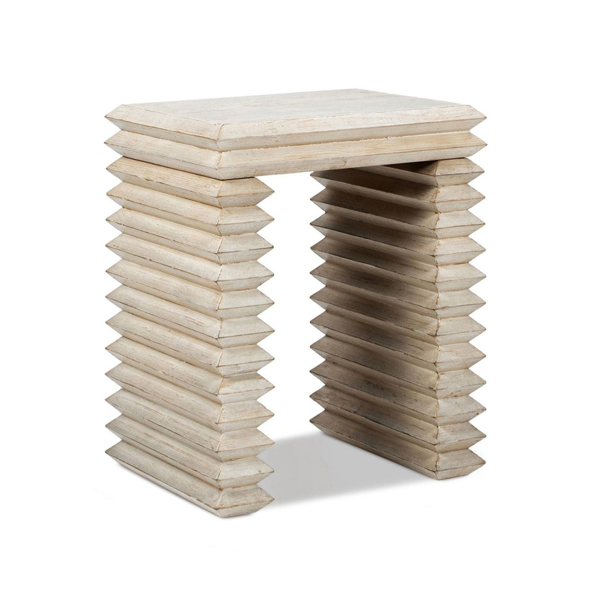 Geometric waterfall console table by HouseOfZazla, solid wood with light whitewashed finish on Tampa Home & Garden Store