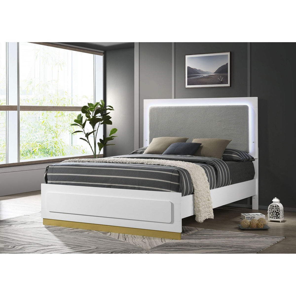 Sophia Panel Bed LED Headboard white frame gray upholstered headboard striped sheets HouseOfZazla on Tampa Home & Garden Store