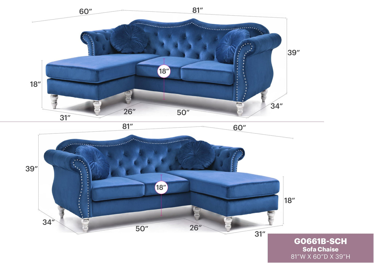 Hollywood Glam Sofa Chaise and Tufted Nailhead