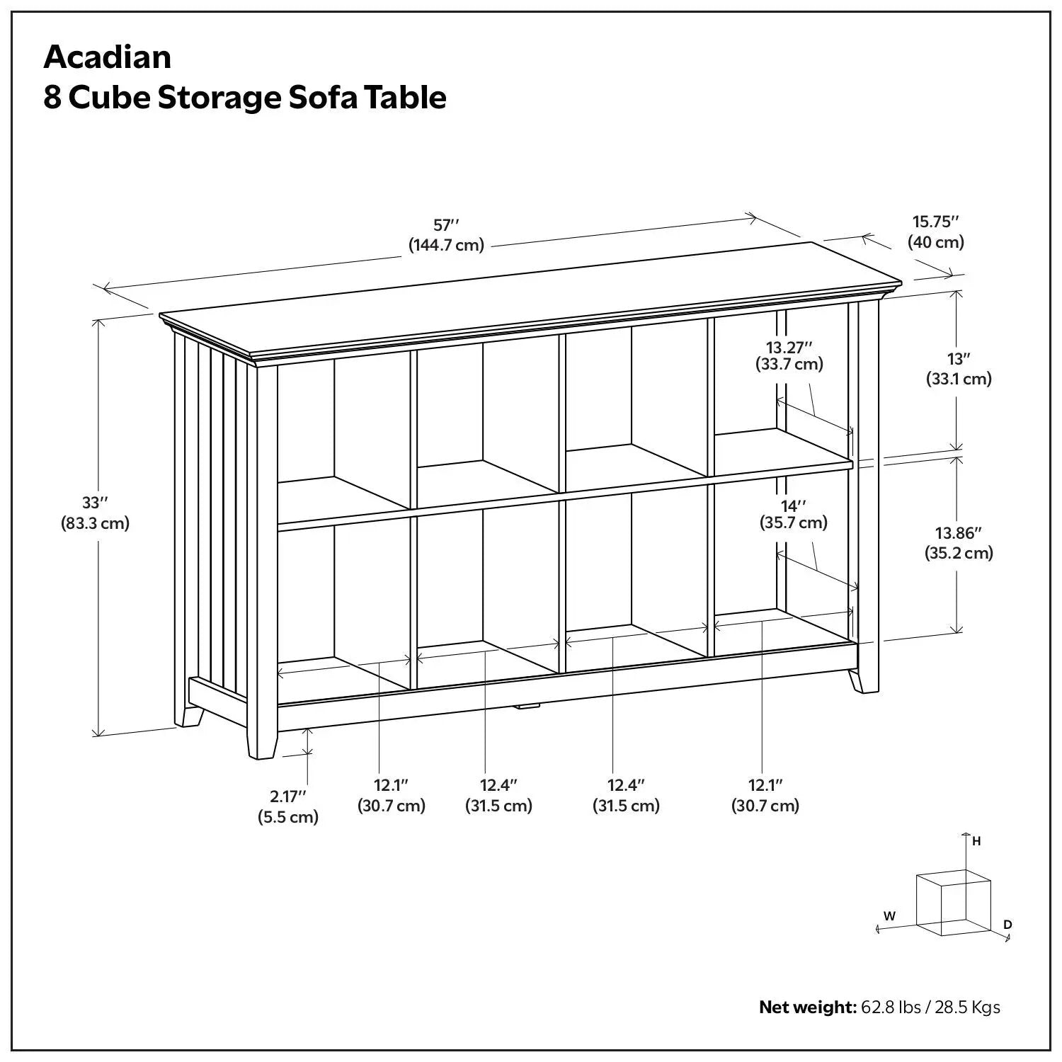 Acadian 8-Cube Storage Sofa Table by Unique Piece Furniture; line-drawing with dimensions on Tampa Home & Garden Store