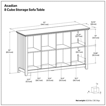 Acadian 8-Cube Storage Sofa Table by Unique Piece Furniture; line-drawing with dimensions on Tampa Home & Garden Store