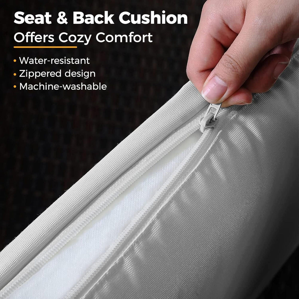 5 piece outdoor patio set cushion zipper detail on gray striped fabric by HouseOfZazla on Tampa Home & Garden Store