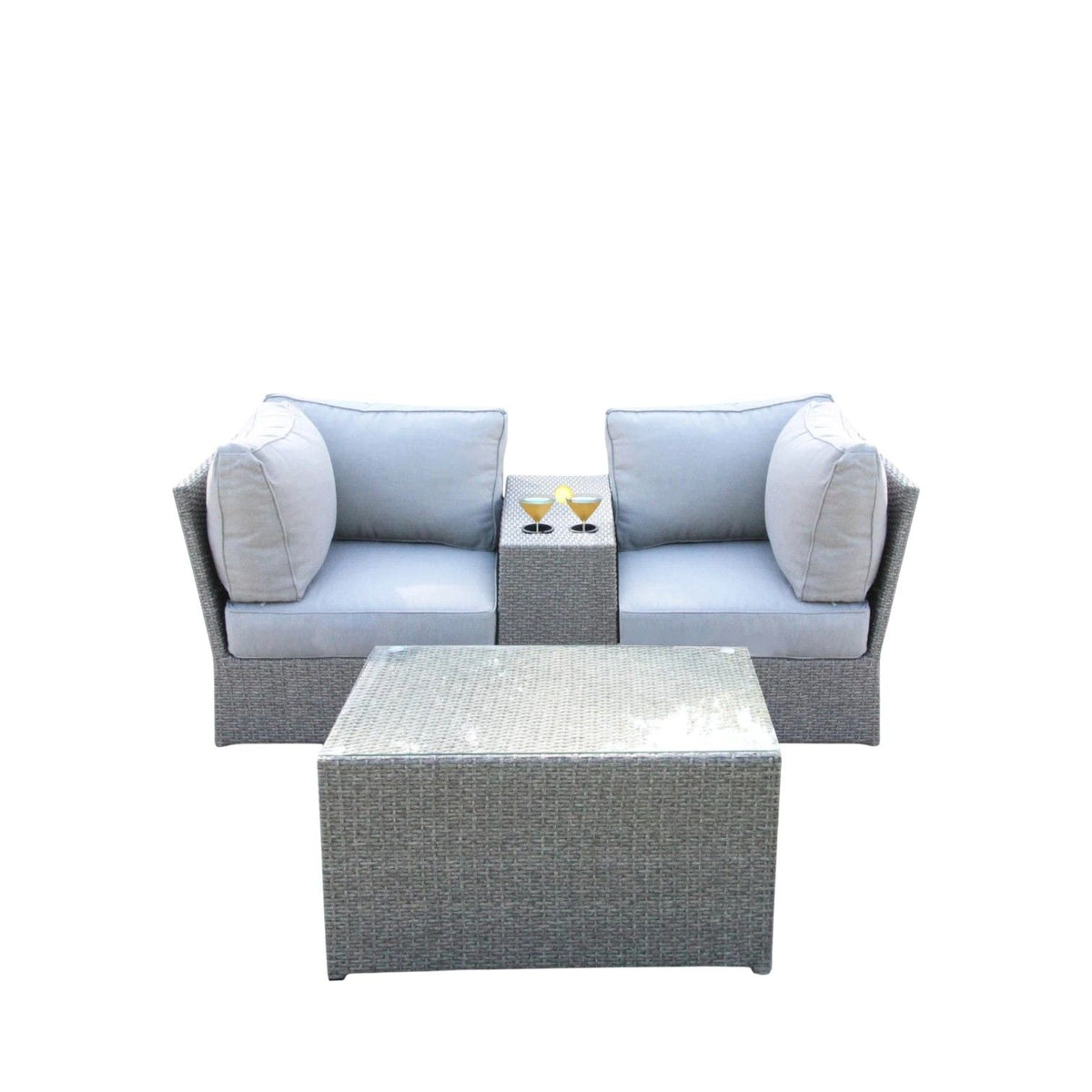 Two-piece outdoor rattan sectional sofa set with light gray cushions and a matching square coffee table on Tampa Home & Garden Store