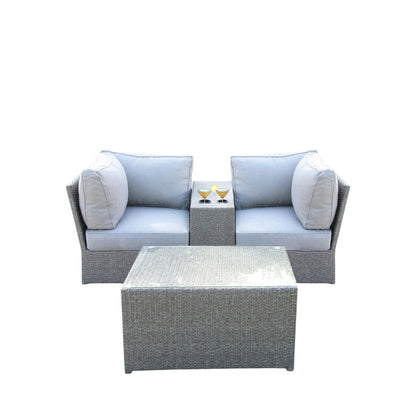 Two-piece outdoor rattan sectional sofa set with light gray cushions and a matching square coffee table on Tampa Home & Garden Store