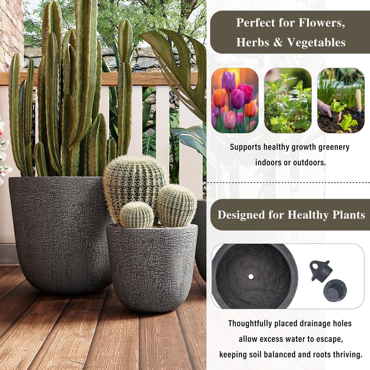 U_STYLE lightweight MGO planter set of 3 in textured charcoal gray pots on Tampa Home & Garden Store