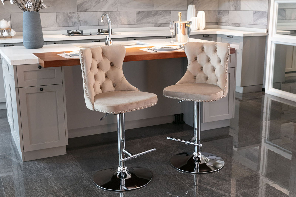 Swivel height barstools, beige tufted velvet with chrome bases, set of 2 HouseOfZazla on Tampa Home & Garden Store