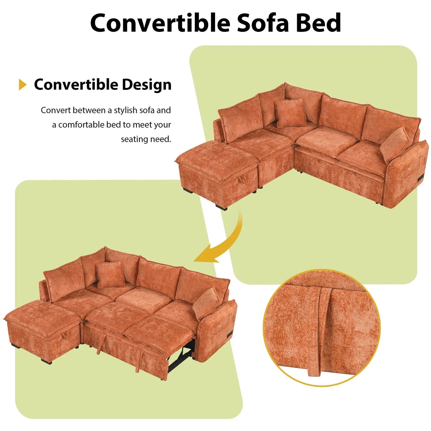 Convertible sofa bed sectional in burnt orange velvet with ottoman, cushions on Tampa Home & Garden Store