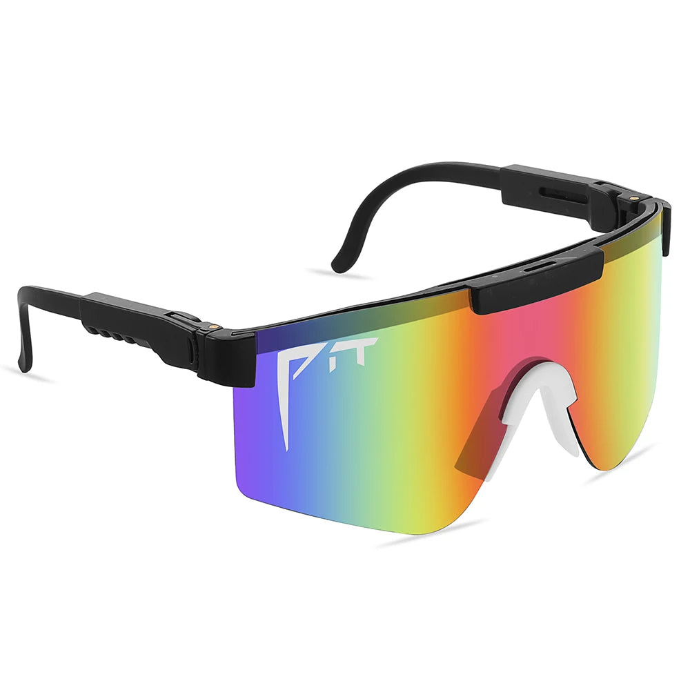 Pit Viper Sunglasses UV400 with rainbow mirrored shield lens and black frame PIT logo on Tampa Home & Garden Store