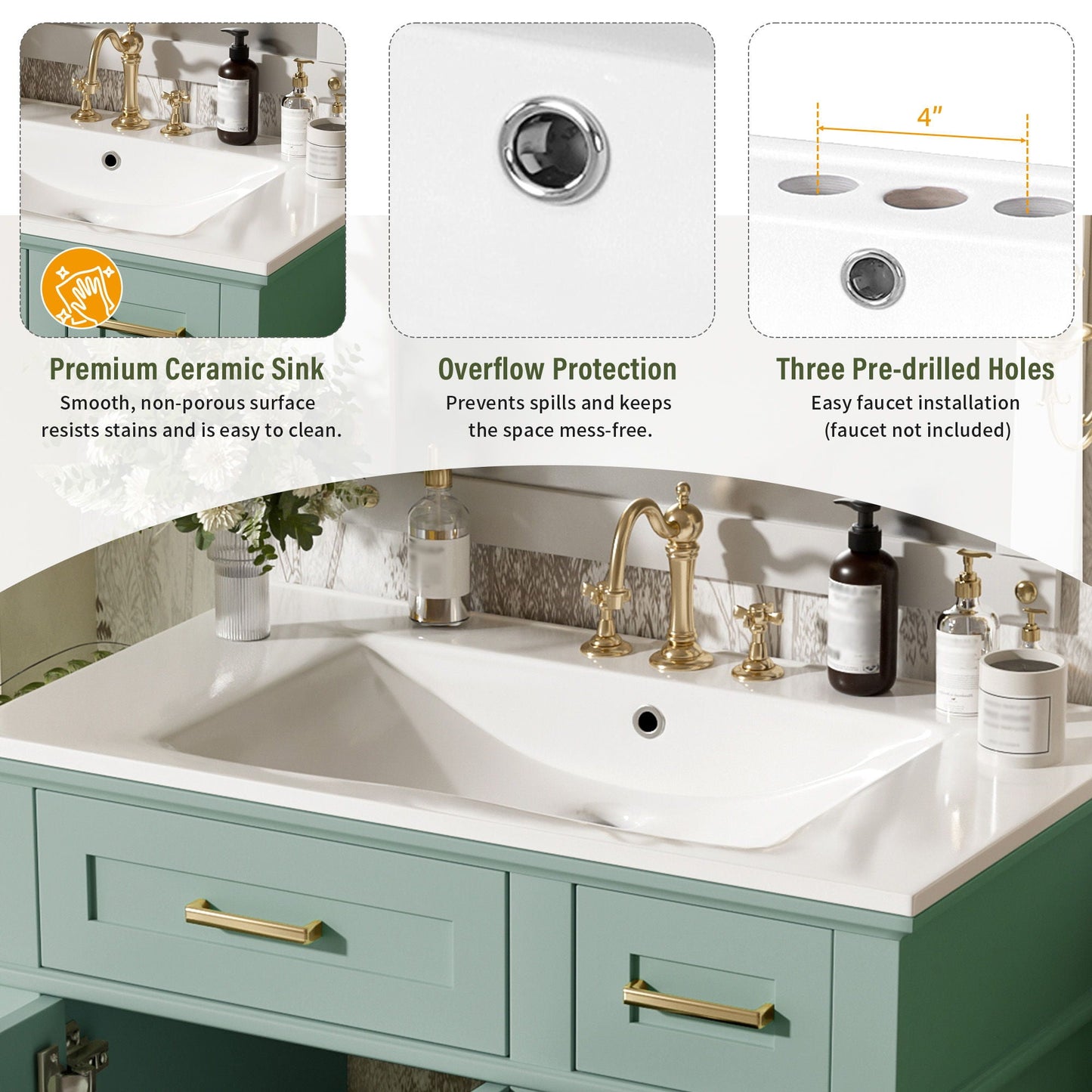 Modern bathroom vanity with sink, mint green cabinet, white countertop, gold hardware on Tampa Home & Garden Store
