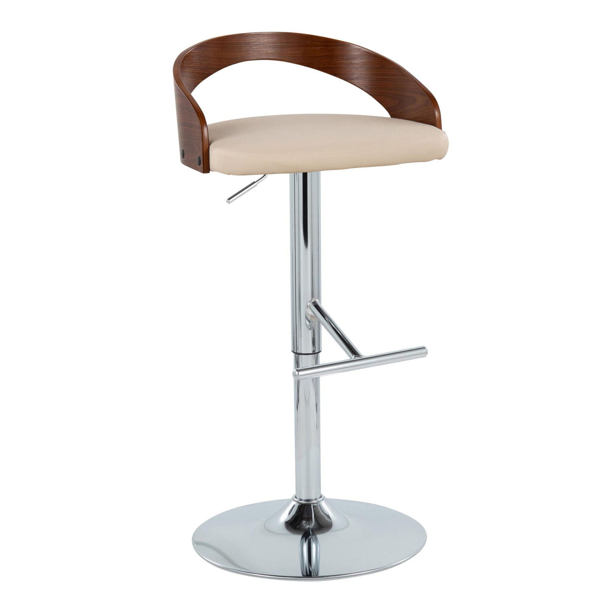 Mid Century Modern adjustable beige bar stool with curved wood back and chrome base on Tampa Home & Garden Store