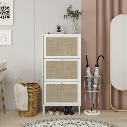 Modern Rattan 3-Door Shoe Cabinet by HouseOfZazla, white frame with woven cane doors on Tampa Home & Garden Store