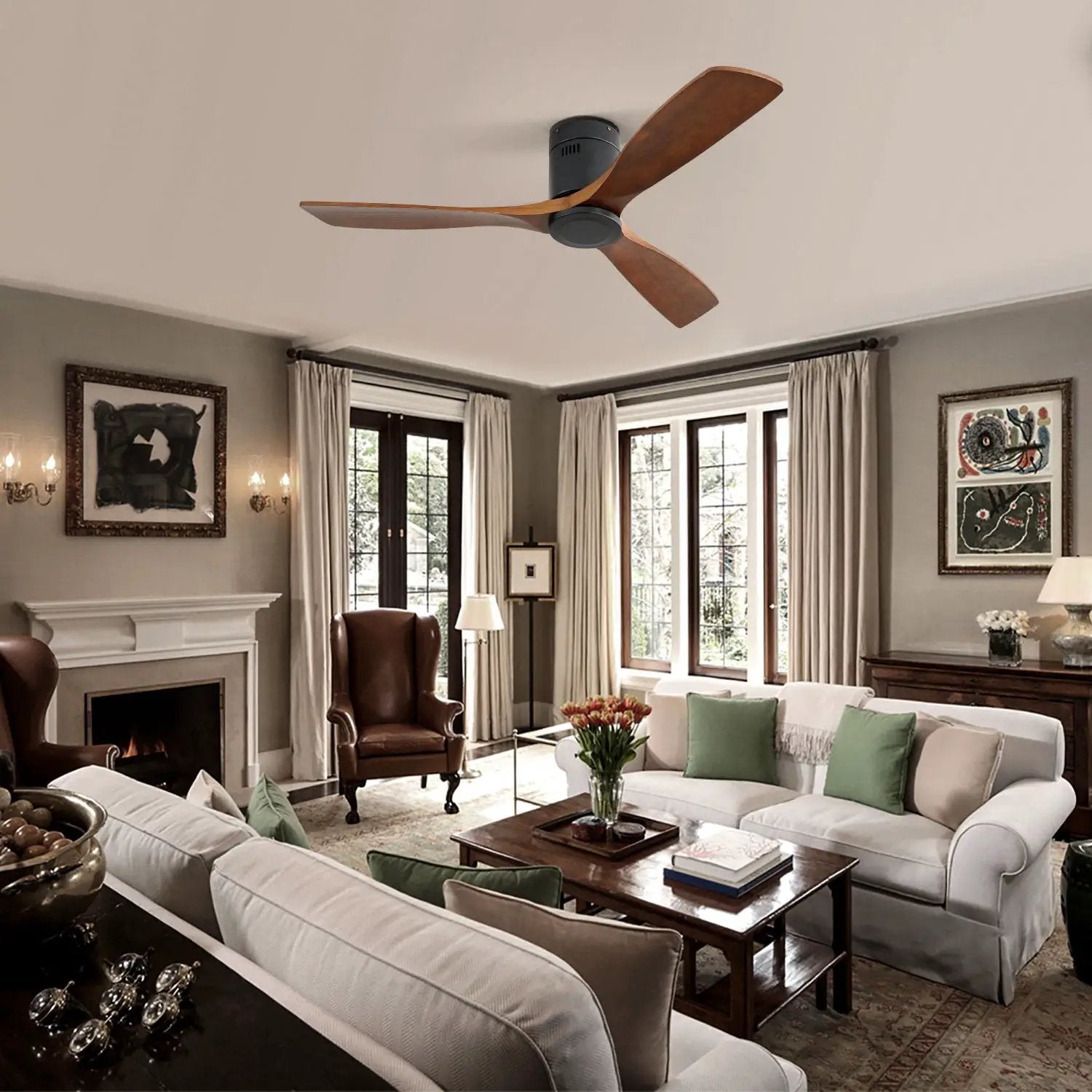 Low Profile Ceiling Fan DC with 3 wooden blades and remote control in living room on Tampa Home & Garden Store