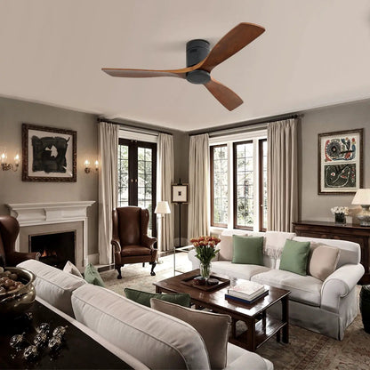 Low Profile Ceiling Fan DC with 3 wooden blades and remote control in living room on Tampa Home & Garden Store