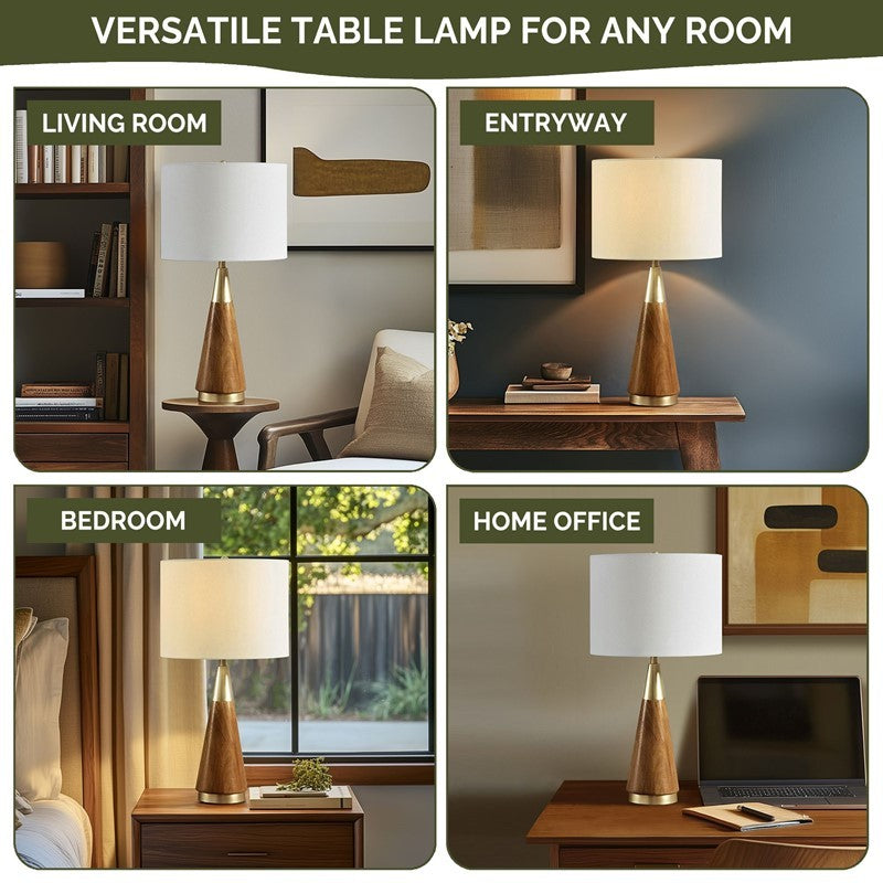 Triangular Table Lamp HouseOfZazla, wooden cone base and white shade in four rooms on Tampa Home & Garden Store