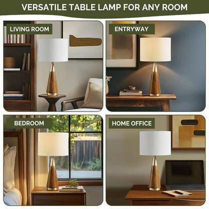 Triangular Table Lamp HouseOfZazla, wooden cone base and white shade in four rooms on Tampa Home & Garden Store