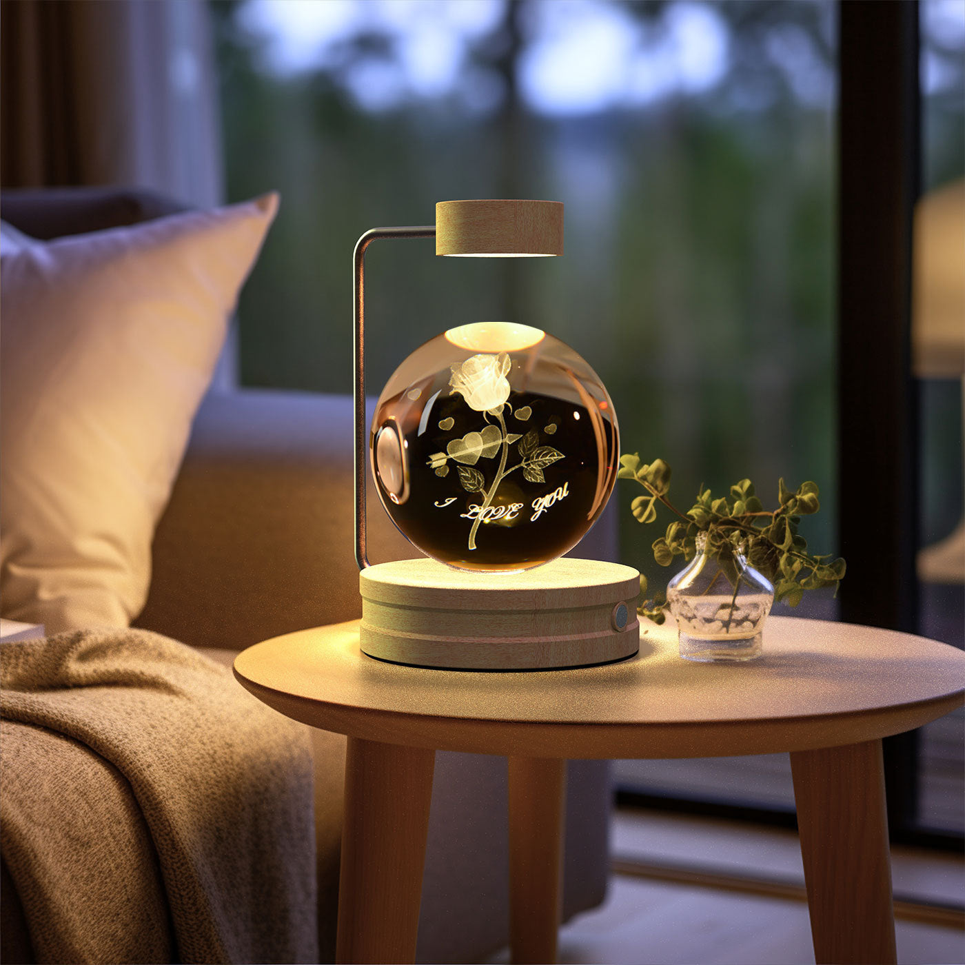 Crystal ball night light with rose engraving, wooden base and arc stand, USB powered lamp on Tampa Home & Garden Store