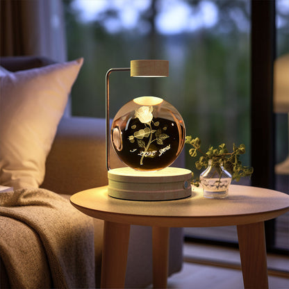 Crystal ball night light with rose engraving, wooden base and arc stand, USB powered lamp on Tampa Home & Garden Store