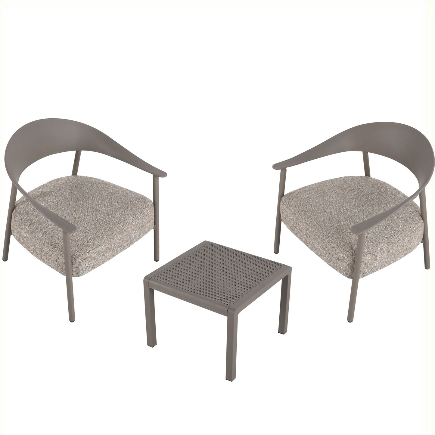 3-piece outdoor set by HouseOfZazla with taupe frames, beige cushions, perforated table on Tampa Home & Garden Store