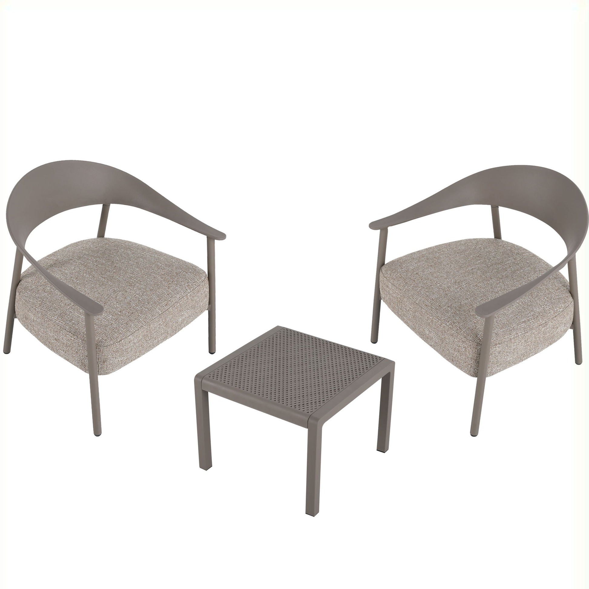 3-piece outdoor set by HouseOfZazla with taupe frames, beige cushions, perforated table on Tampa Home & Garden Store