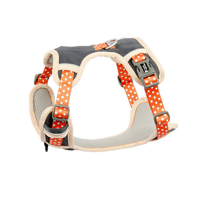 Pet Zen dog harness with orange polka-dot straps, gray padded chest piece, adjustable fit on Tampa Home & Garden Store