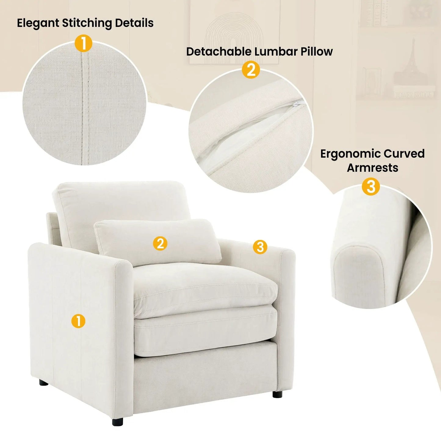 Cozy Upholstered Cushion Armchair for Living Room