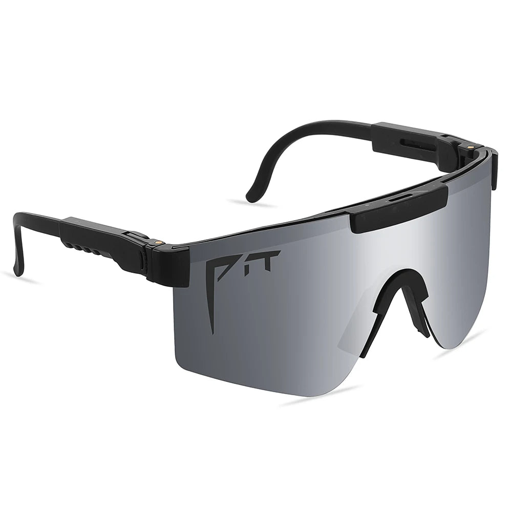 Pit Viper sunglasses UV400 with mirrored gray shield lens and black frame on Tampa Home & Garden Store
