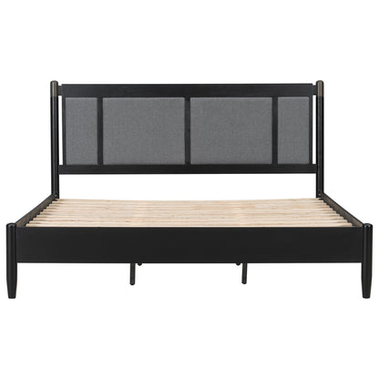 Solid wood king bed frame with dark finish and gray fabric headboard panels heavy-duty support on Tampa Home & Garden Store