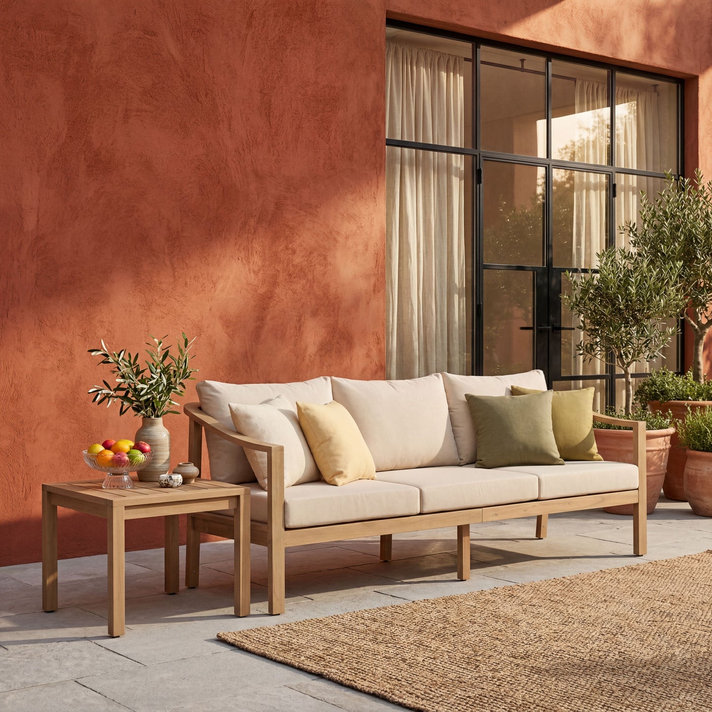 Outdoor Acacia Wood Sofa with Beige Cushions