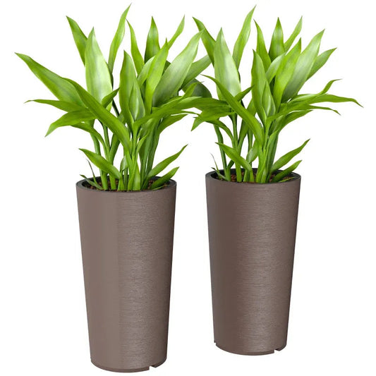 Tall stackable planters set of 2 in brown textured finish with green leafy plants HouseOfZazla on Tampa Home & Garden Store