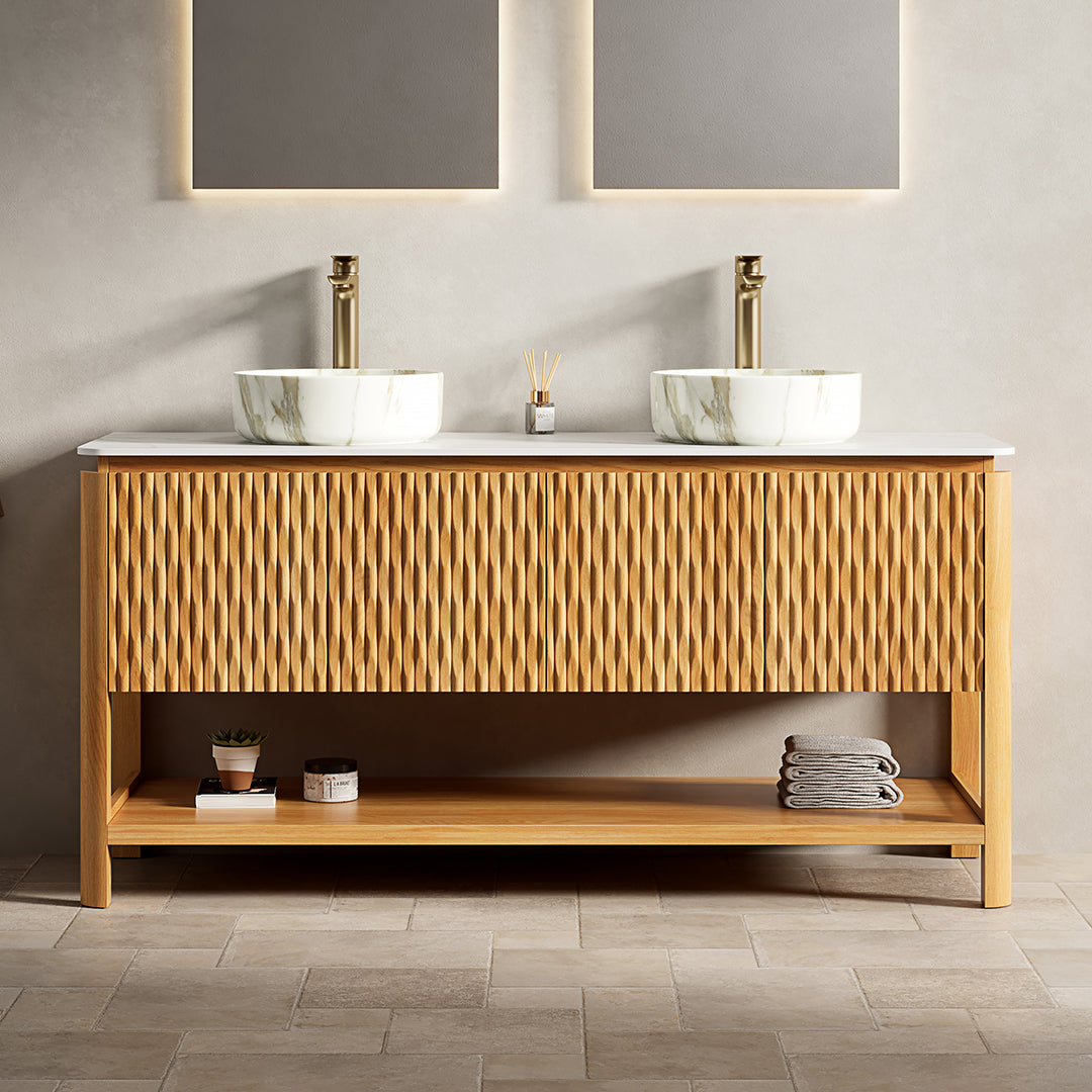 SHARMA 60in vanity with two marble vessel sinks and honey-plywood cabinet by HouseOfZazla on Tampa Home & Garden Store