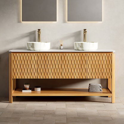 SHARMA 60in vanity with two marble vessel sinks and honey-plywood cabinet by HouseOfZazla on Tampa Home & Garden Store