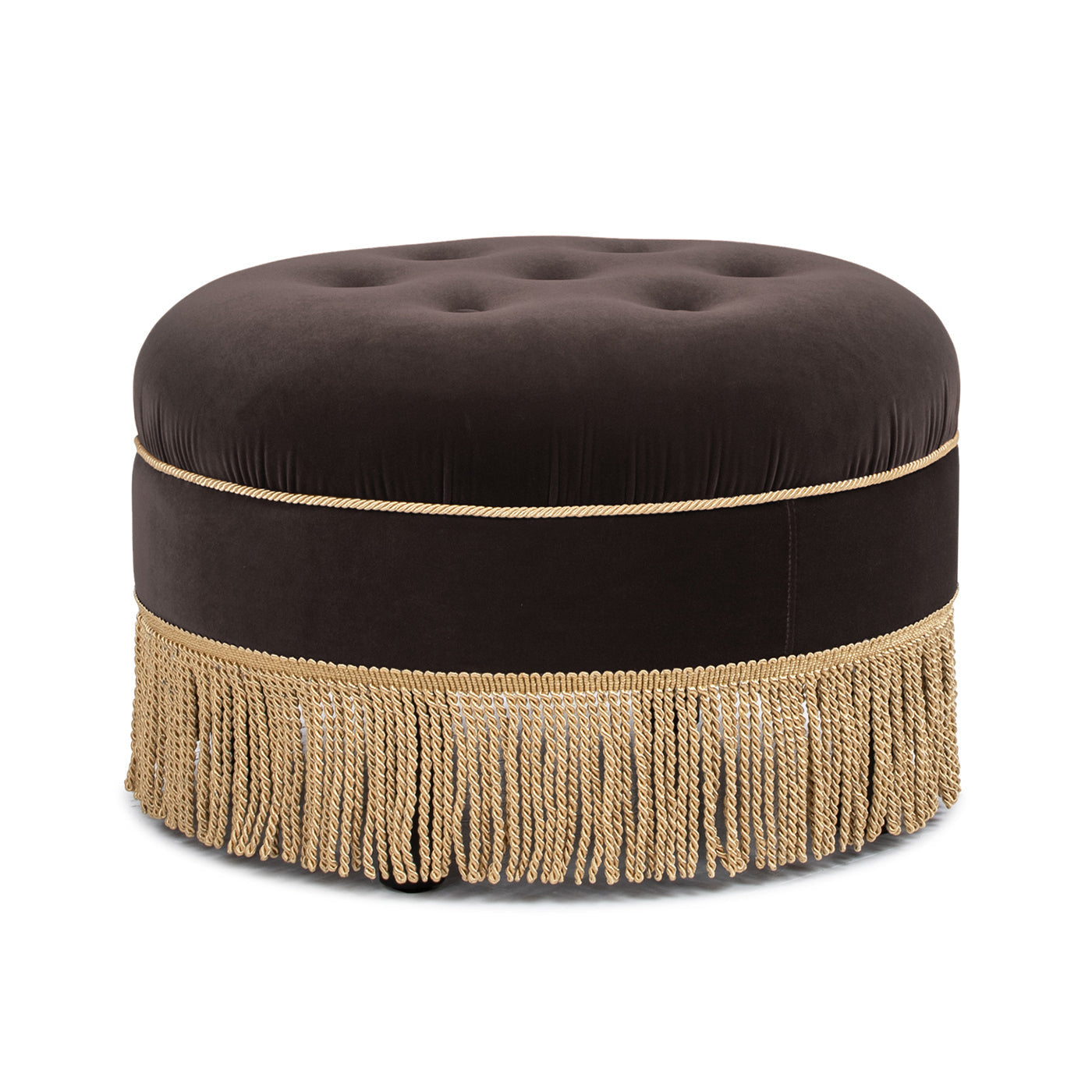 Yolanda 24in round velvet ottoman in deep brown with tufted top and gold fringe by HouseOfZazla on Tampa Home & Garden Store