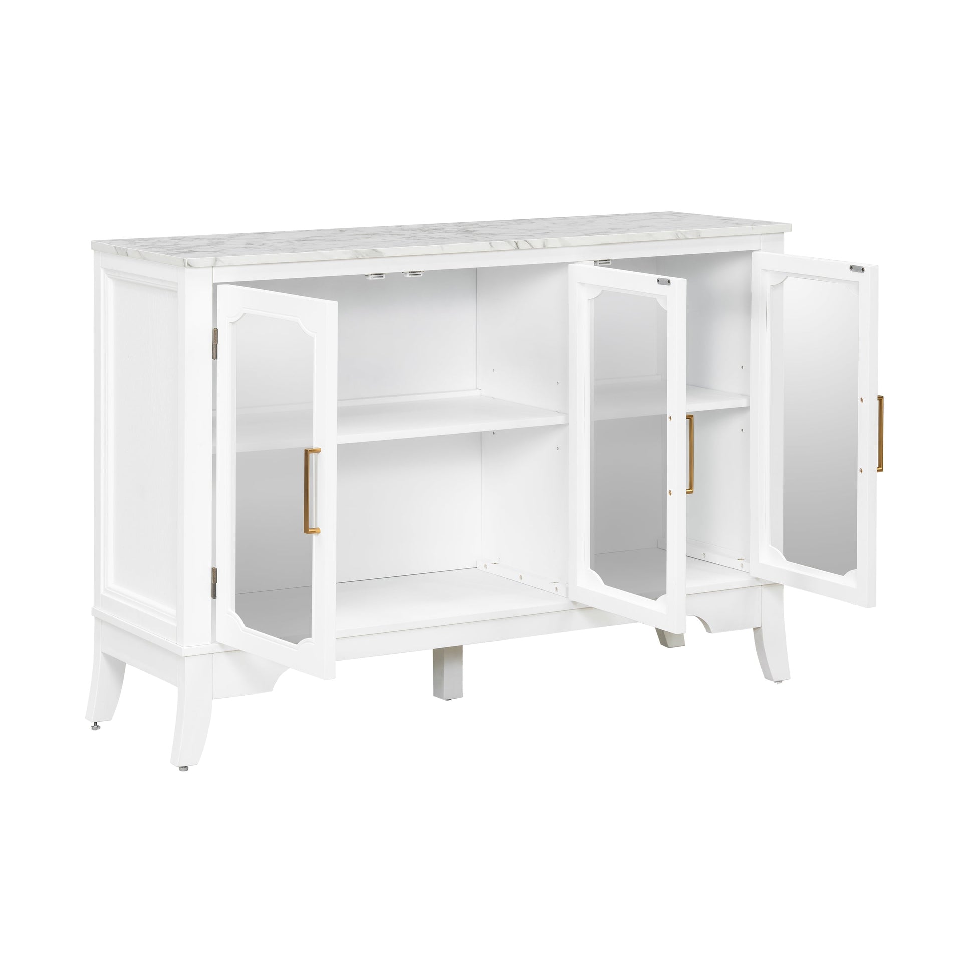 Storage cabinet 3 doors white with marble top and gold handles, interior shelves on Tampa Home & Garden Store