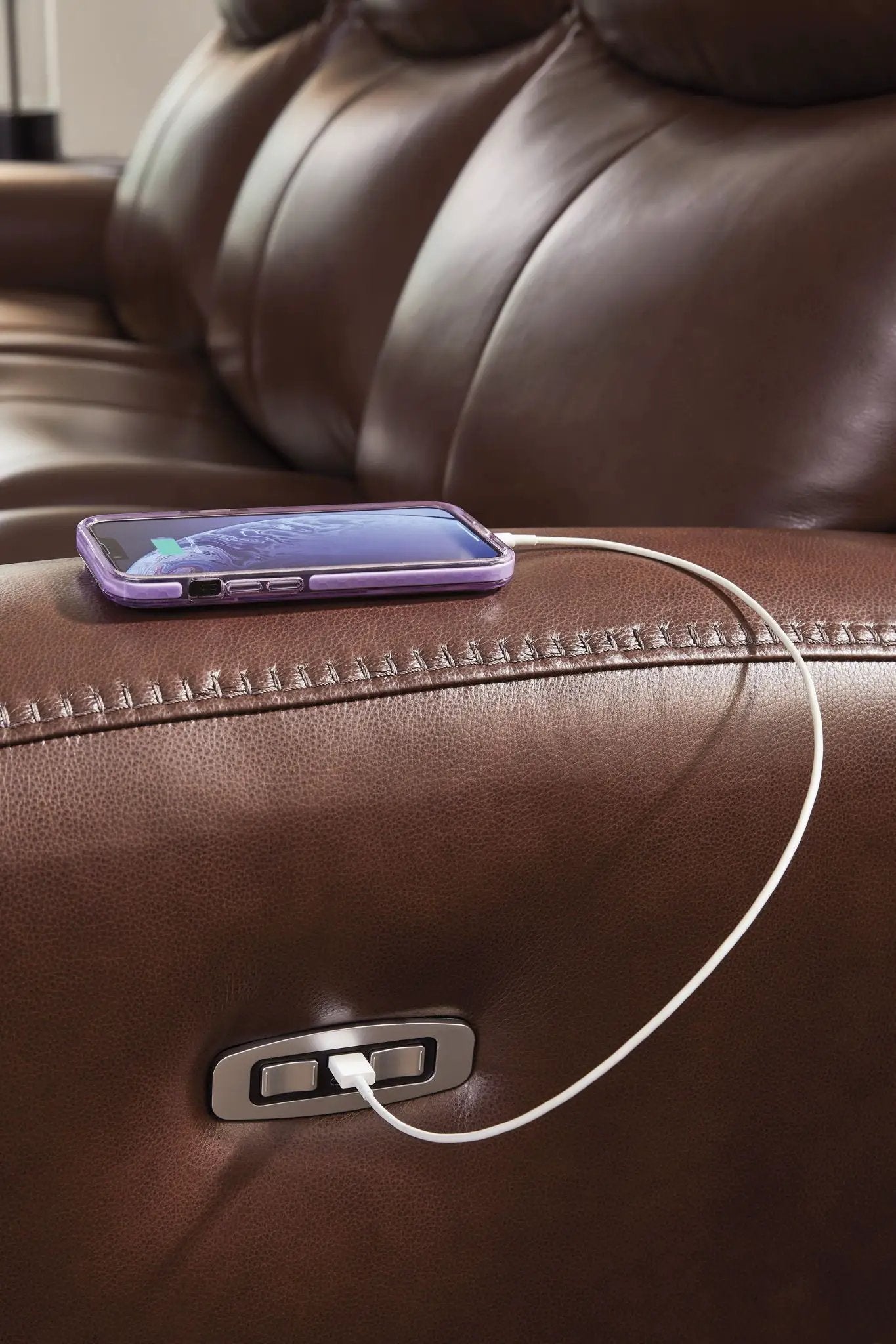 Bexhurst Power Reclining Sofa Adjustable Headrest brown leather armrest with phone charging on Tampa Home & Garden Store