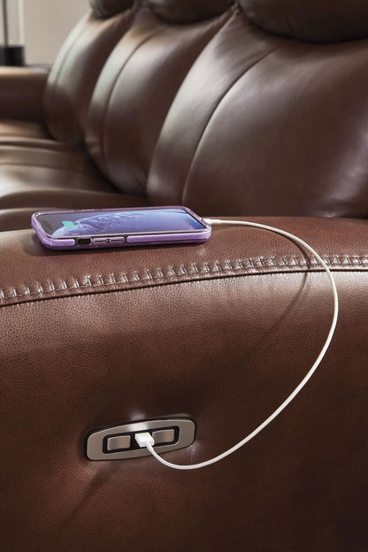 Bexhurst Power Reclining Sofa Adjustable Headrest brown leather armrest with phone charging on Tampa Home & Garden Store