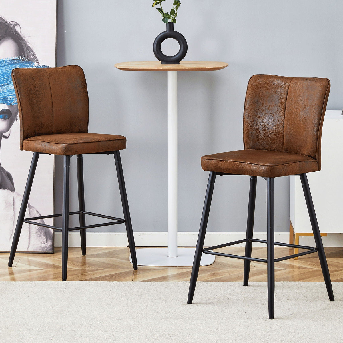 Modern style chair set with sleek backrests; two brown leather chairs around a wood table on Tampa Home & Garden Store