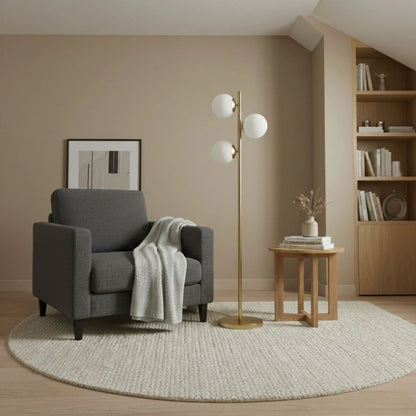 Brilliance modern floor lamp with three opal globe shades on a tall gold stand on Tampa Home & Garden Store
