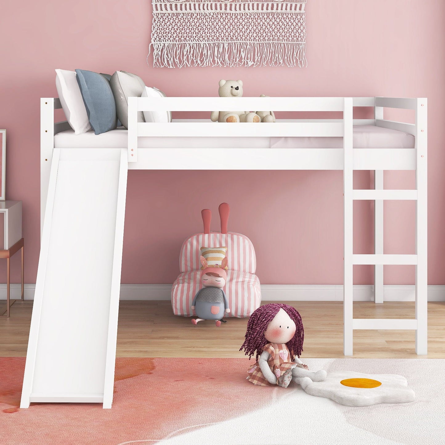 White Solid Wood Full Size Loft Bed and Slide