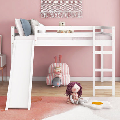 White Solid Wood Full Size Loft Bed and Slide