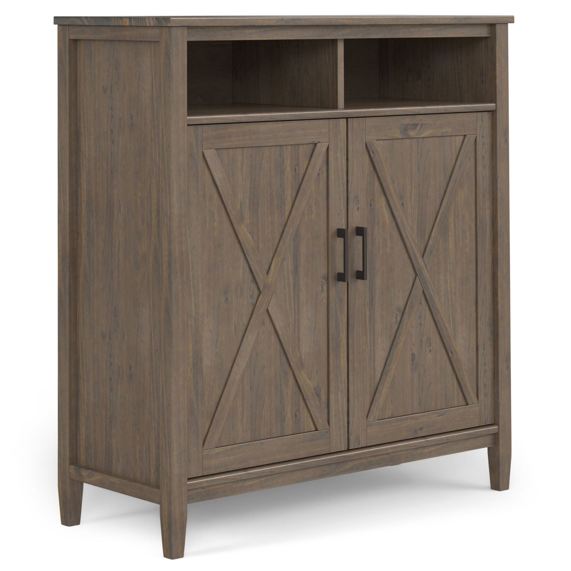 Ela Storage Cabinet smoky brown wood accent with open shelf and X-paneled doors HouseOfZazla on Tampa Home & Garden Store