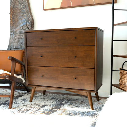 Solid Wood 3-Drawer Dresser in brown with small knob pulls on Tampa Home & Garden Store