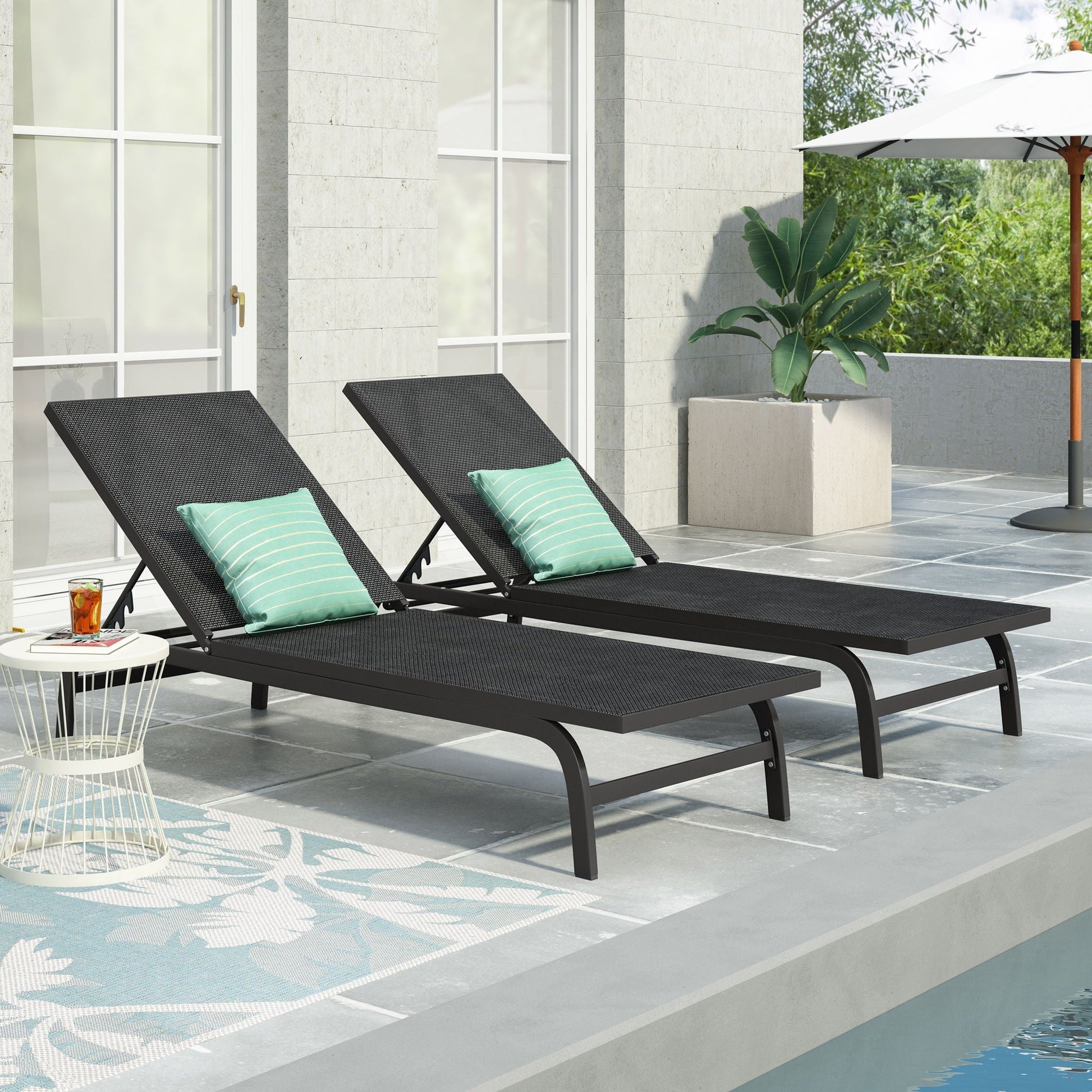 Finn Contemporary Chaise Lounges set of 2 in black mesh with turquoise striped cushions on Tampa Home & Garden Store