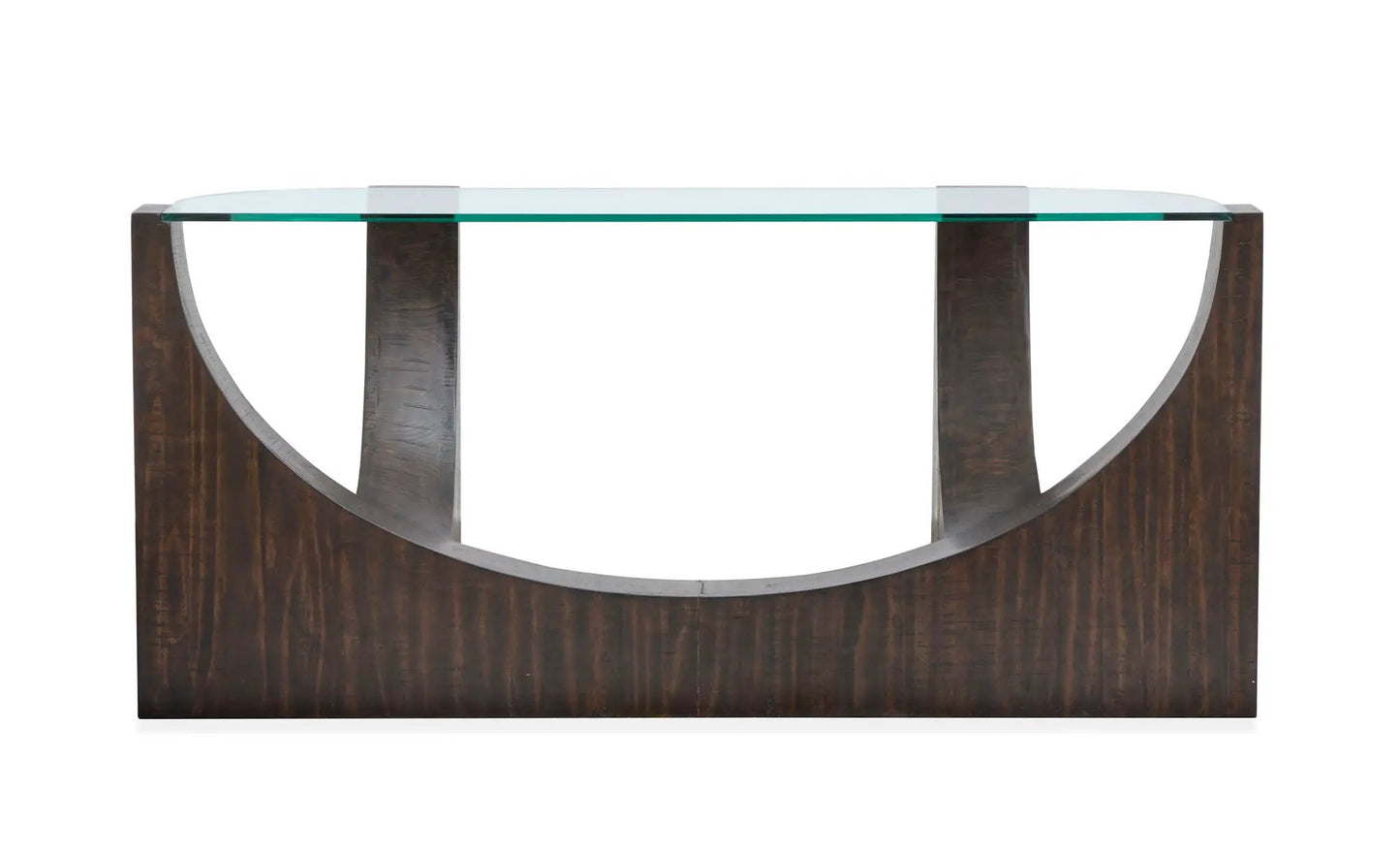 Beckham end table by Unique Piece Furniture with a clear glass top and dark wood curved supports on Tampa Home & Garden Store