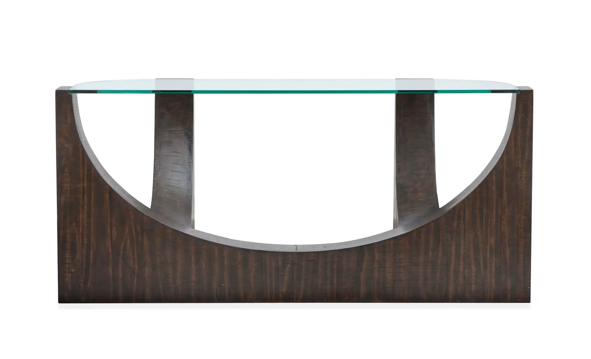 Beckham end table by Unique Piece Furniture with a clear glass top and dark wood curved supports on Tampa Home & Garden Store