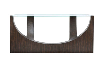 Beckham end table by Unique Piece Furniture with a clear glass top and dark wood curved supports on Tampa Home & Garden Store